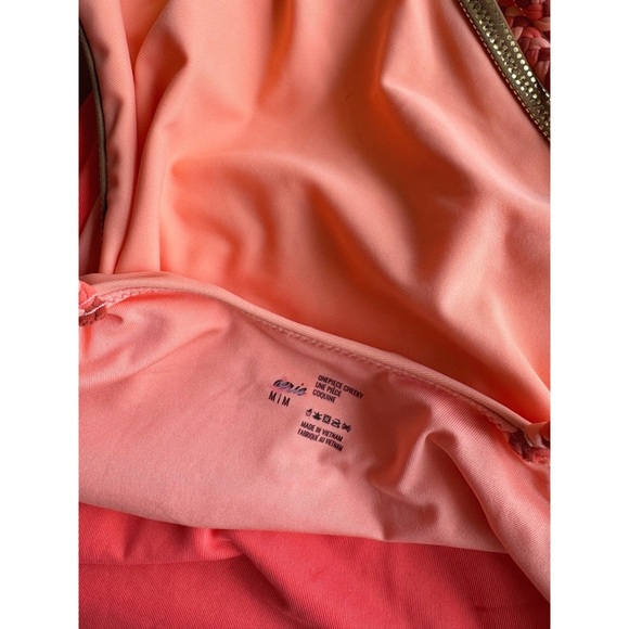 Sz M Aerie Coral / Peach Colorblock Cheeky One-Piece Swimsuit Gold Trim NWT - Picture 6 of 6